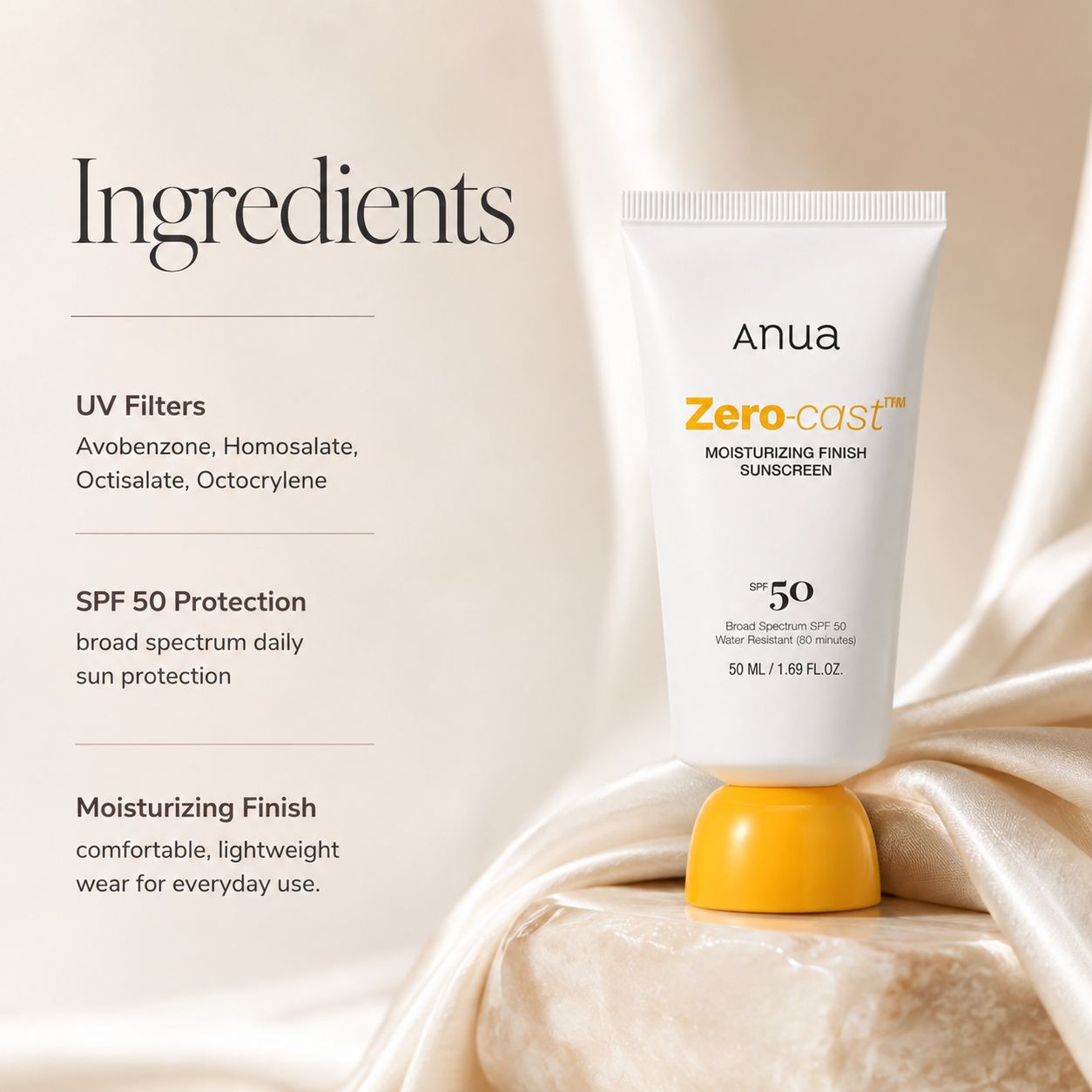 Anua Zero-Cast Moisturizing Finish Sunscreen SPF 50+ PA++++ 50ml