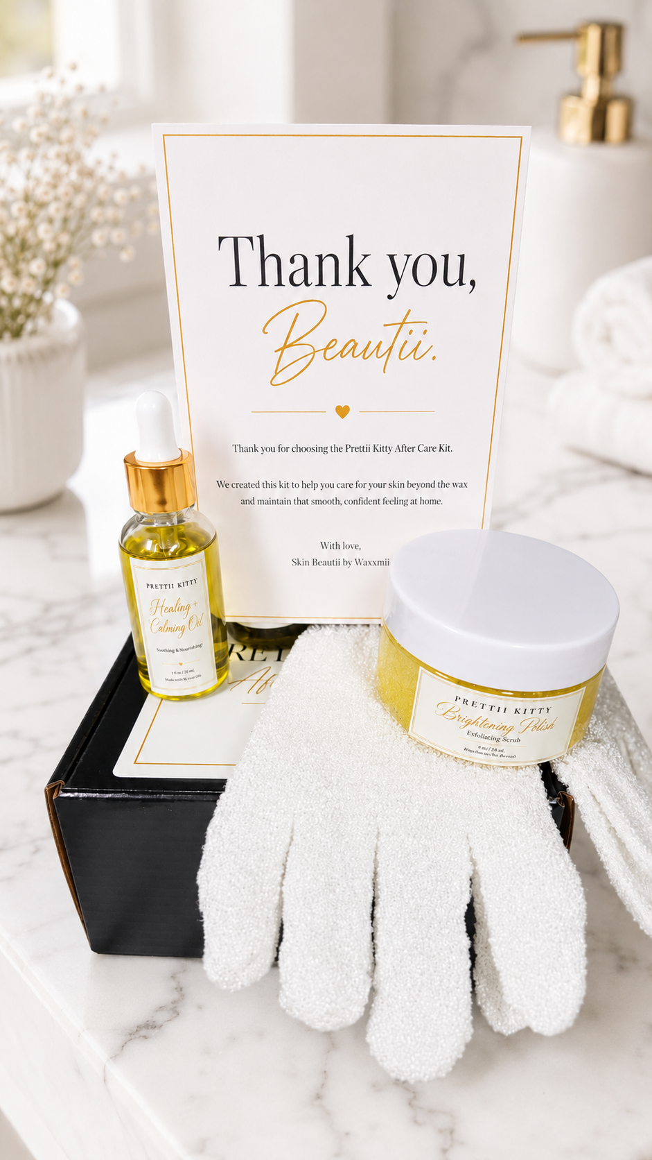 Prettii Kitty Post Wax Aftercare Kit – brightening scrub, exfoliating glove and calming oil